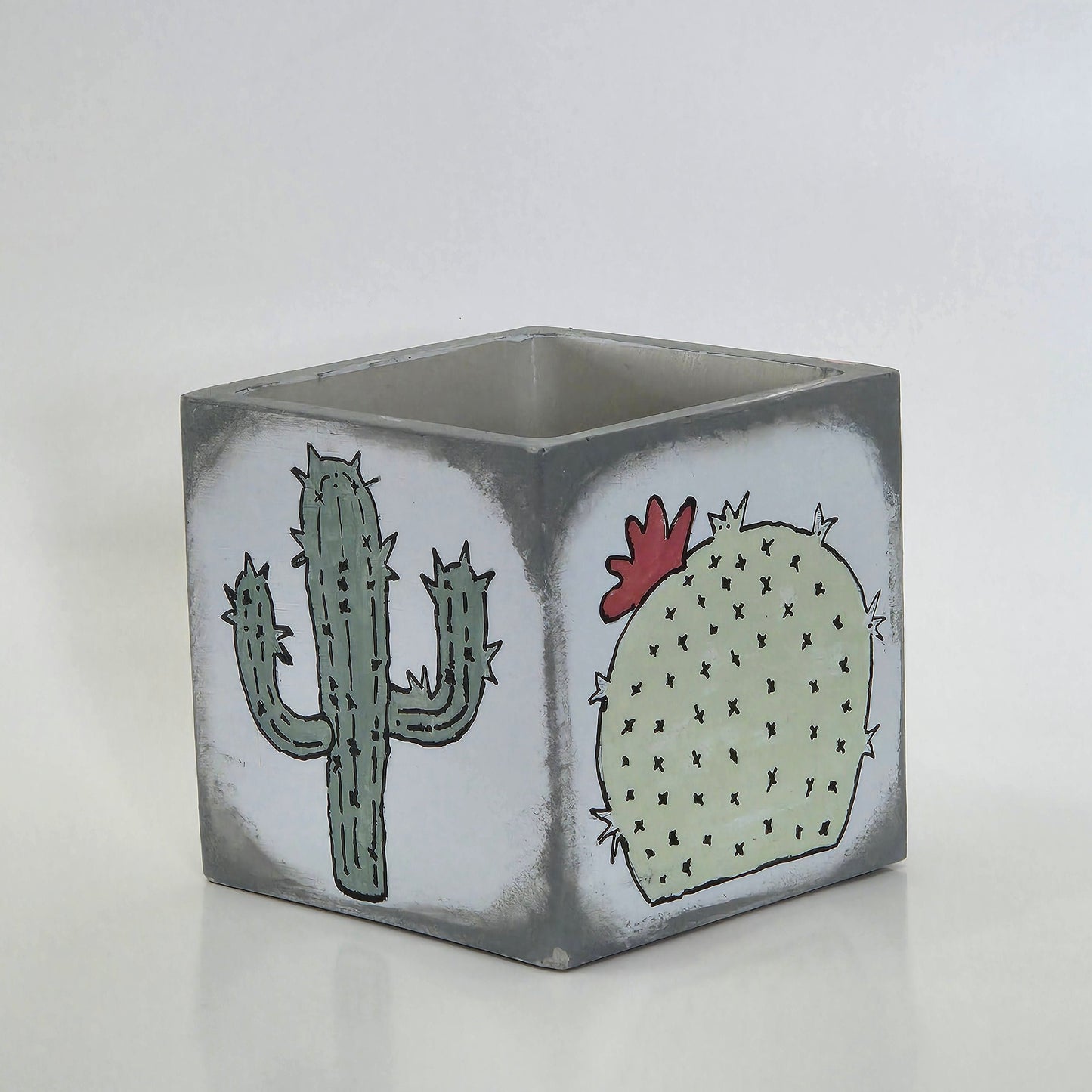 4-inch Square Cement Planter with Painted Cactus Design