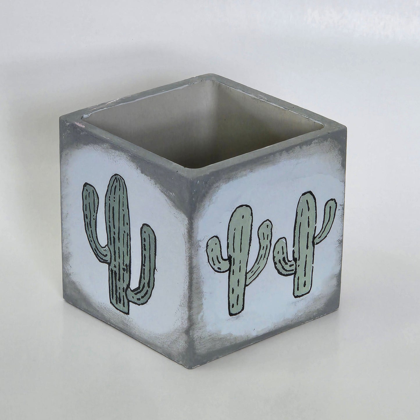 4-inch Square Cement Planter with Painted Cactus Design