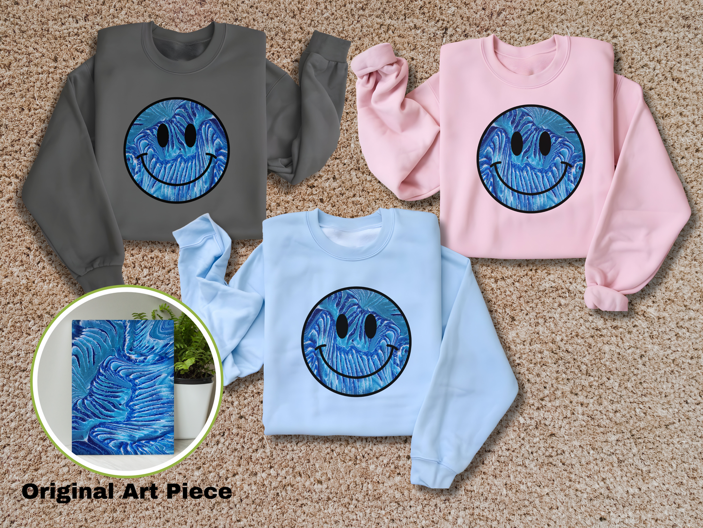 Abstract Smiley Face Sweatshirt – Handcrafted Art-Inspired Crewneck